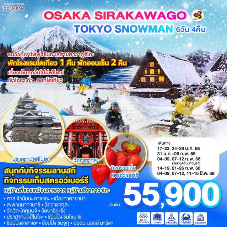 ทัวร์ญี่ปุ่น โอซาก้า ชิราคาวาโกะ โตเกียว SNOWMAN 6วัน 4คืน โดยการบินไทย TG