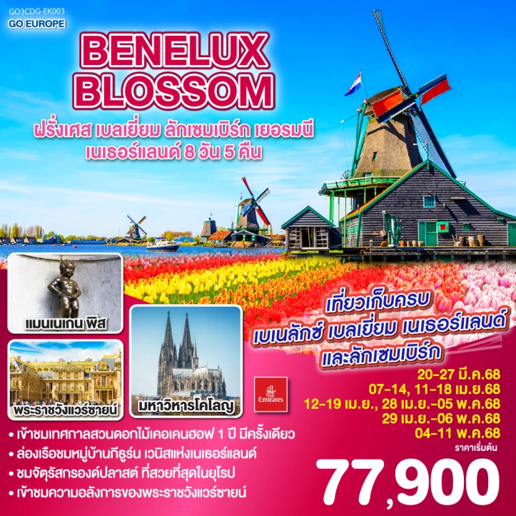 ทัวร์ยุโรป BENELUX BLOSSOM ฝรั่งเศส เบลเยี่ยม ลักเซมเบิร์ก เยอรมนี เนเธอร์แลนด์ 8วัน 5คืน โดยสายการบิน Emirates EK