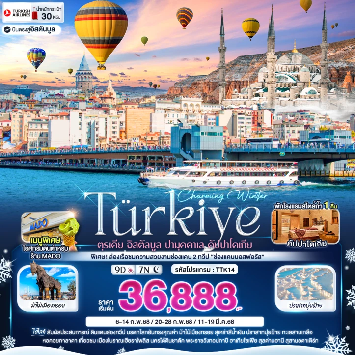 ทัวร์ตุรเคีย อิสตัลบูล ปามุคคาเล คัปปาโดเกีย 9วัน 7คืน โดยสายการบิน Turkish Airlines (TK)