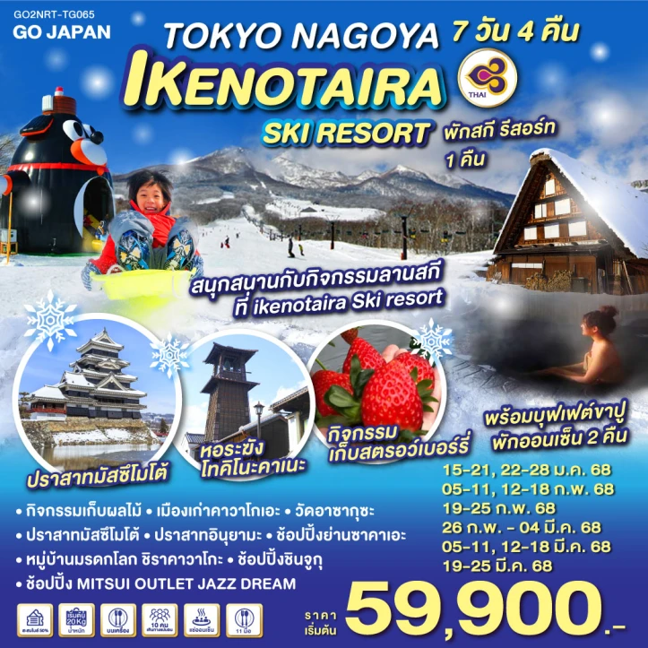 ทัวร์ญี่ปุ่น โตเกียว นาโกย่า IKENOTAIRA SKI RESORT 7วัน 4คืน โดยสายการบิน Thai Airways TG