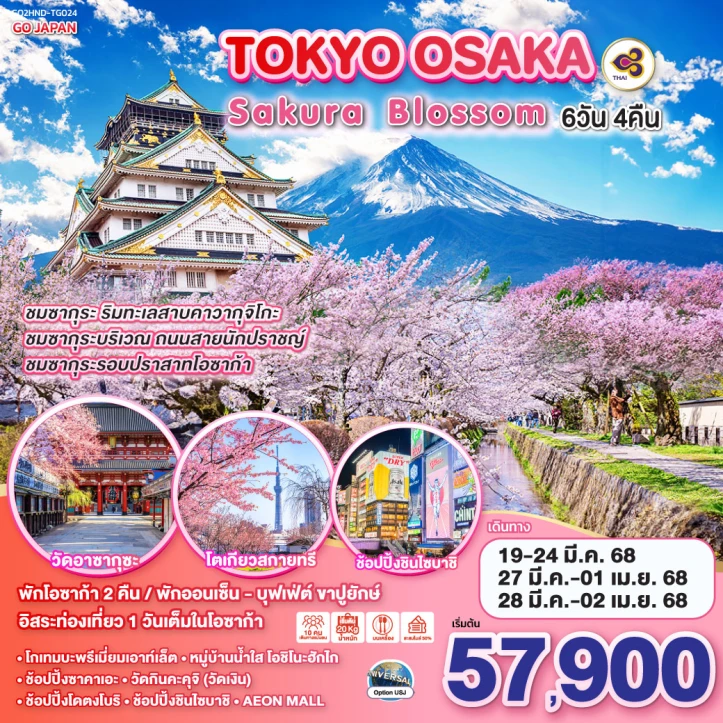 ทัวร์ญี่ปุ่น โตเกียว โอซาก้า SAKURA BLOSSOM 6วัน 4คืน โดยสายการบิน Thai Airways TG