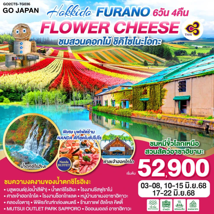 ทัวร์ญี่ปุ่น ฮอกไกโด FURANO FLOWER CHEESE 6วัน 4คืน โดยสายการบิน Thai Airways (TG)