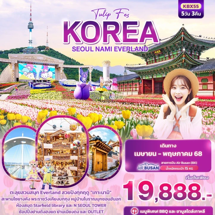 ทัวร์เกาหลีใต้ ตะลุยสวนสนุก Everland เกาะนามิ N Seoul Tower เมียงดง 5วัน 3คืน โดยสายการบิน Air Busan (BX)