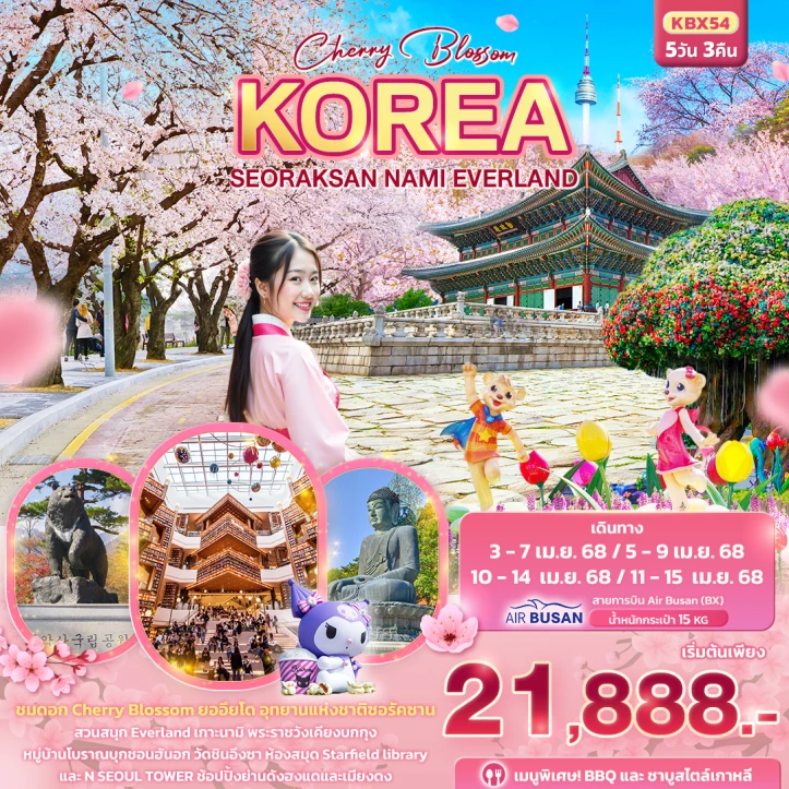 ทัวร์เกาหลีใต้ Cherry Blossom ยออิโด ซอรัคซาน สวนสนุกEverland เกาะนามิ 5วัน 3คืน โดยสายการบิน Air Busan (BX)
