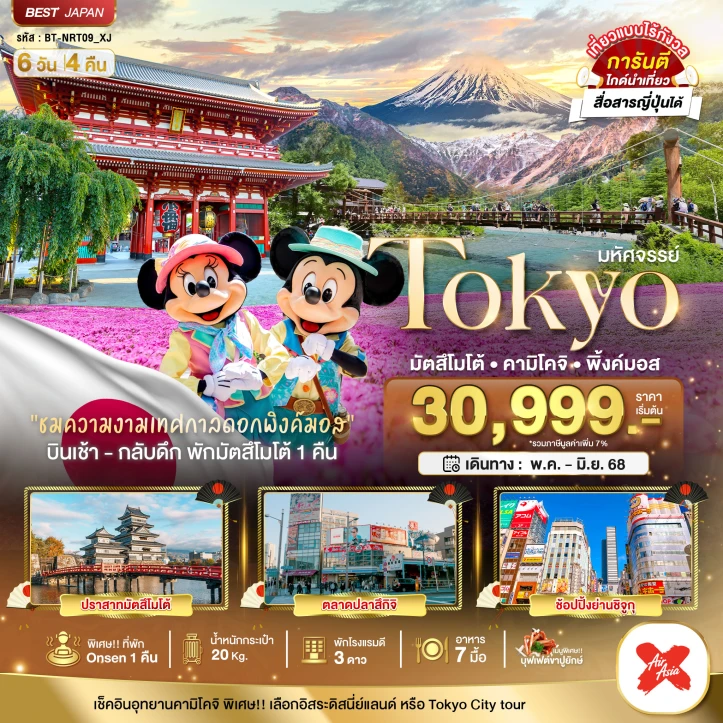 ทัวร์ญี่ปุ่น โตเกียว มัตสึโมโต้ คามิโคจิ ชมความงามพิ้งค์มอส 6 วัน 4 คืน โดยสายการบิน Thai AirAsiaX (XJ)