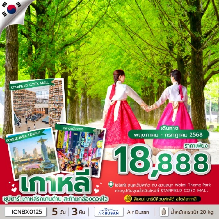 ทัวร์เกาหลีใต้ เกาหลีรักเกินต้าน สะท้านกล่องดวงใจ 5วัน 3คืน โดยสายการบิน Air Busan (BX)