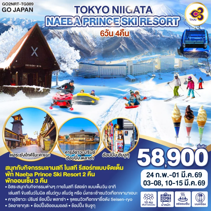 ทัวร์ญี่ปุ่น โตเกียว นีงาตะ NAEBA PRINCE SKI RESORT 6วัน 4คืน บิน Thai Airways (TG)