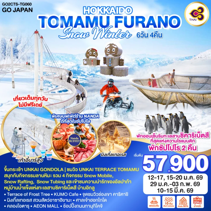 ทัวร์ญี่ปุ่น ฮอกไกโด โทมามุ FURANO SNOW WINTER 6วัน 4คืน บิน Thai Airways (TG)