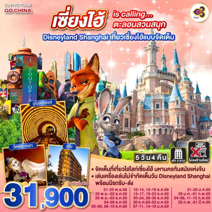 ทัวร์จีน เซี่ยงไฮ้ รวมบัตรและรถรับส่งสวนสนุก Disneyland Shanghai 5วัน 4คืน บิน Thai Airways (TG)