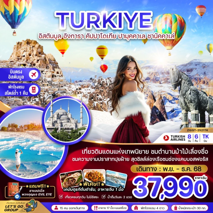 ทัวร์ตุรเคีย WINTER อิสตันบูล อังการา คัปปาโดเกีย ปามุคคาเล่ ซานัคคาเล 8วัน 6คืน บิน Turkish Airlines (TK)