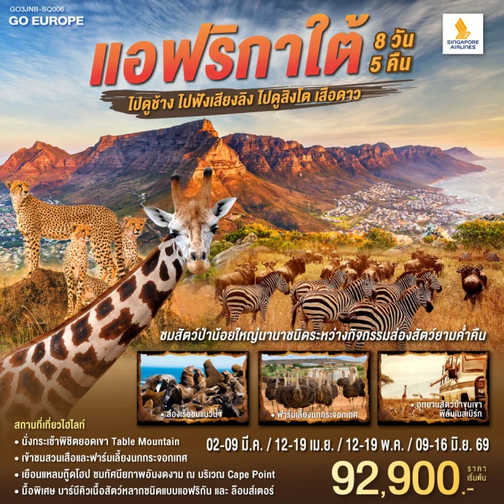 ทัวร์แอฟริกาใต้ ไปดูช้าง ไปฟังเสียงลิง ไปดูสิงโตเสือดาว 8วัน 5คืน