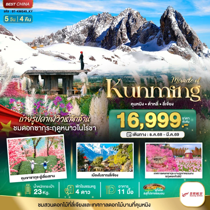 ทัวร์จีน คุนหมิง ซากุระ ต้าหลี่ ลี่เจียง ภูเขาหิมะมังกรหยก 5 วัน 4 คืน