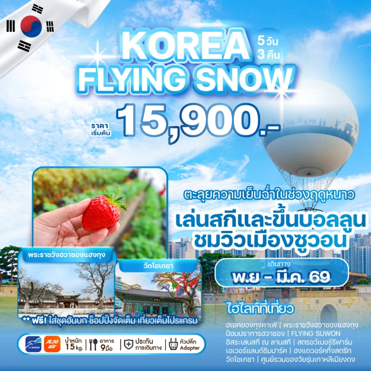 ทัวร์เกาหลี สกี ฟาร์มสตรอวร์เบอร์รี่ รวมบัตรเอเวอร์แลนด์ 5วัน 3คืน