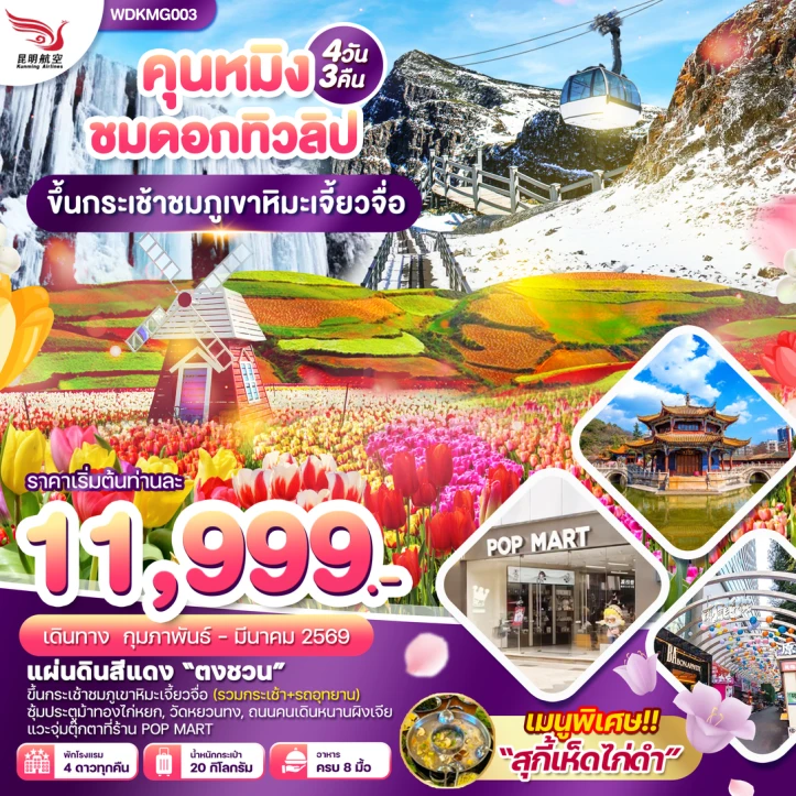 ทัวร์จีน คุนหมิง ภูเขาหิมะเจี๋ยวจื่อ แผ่นดินสีแดง ชมสวนทิวลิป 4วัน 3คืน