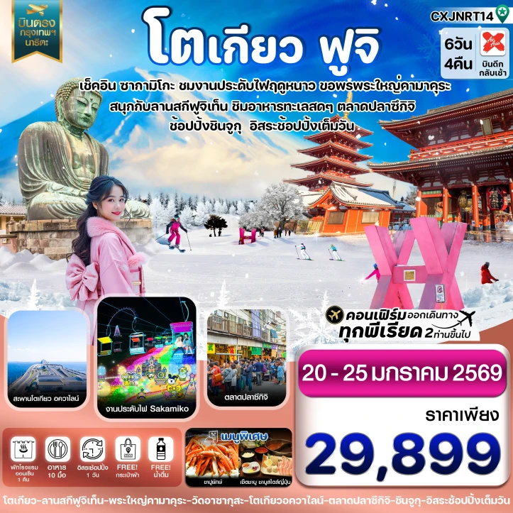 ทัวร์ญี่ปุ่น โตเกียว ลานสกีฟูจิเท็น งานประดับไฟ มีฟรีเดย์ 6วัน 4คืน