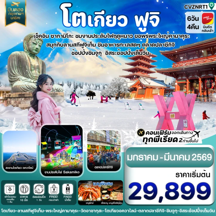 ทัวร์ญี่ปุ่น โตเกียว ลานสกีฟูจิเท็น งานประดับไฟ มีฟรีเดย์ 6วัน 4คืน