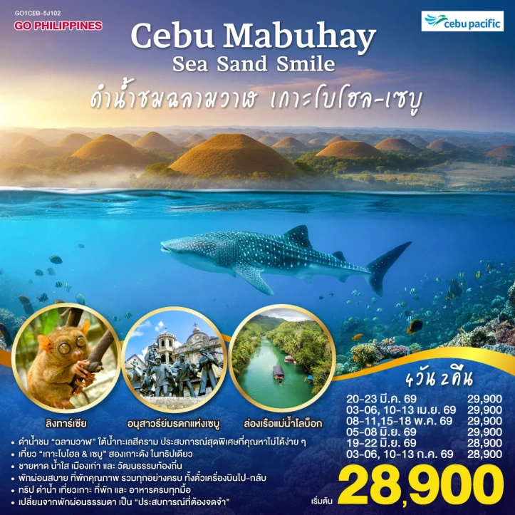 ทัวร์ฟิลิปปินส์ CEBU Mabuhay ดำน้ำชมฉลามวาฬ เกาะโบโฮล 4วัน 2คืน
