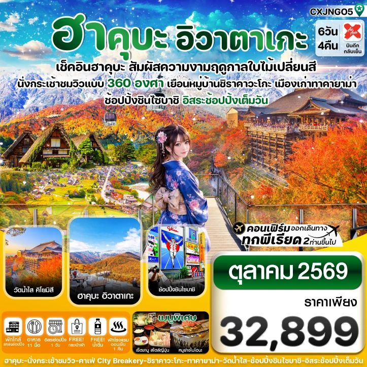 ทัวร์ญี่ปุ่น ฮาคุบะ อิวาตาเกะ โอซาก้า ใบไม้เปลี่ยนสี มีฟรีเดย์ 6วัน 4คืน