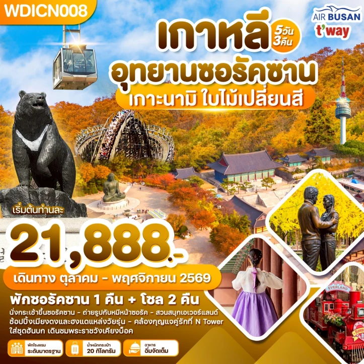 ทัวร์เกาหลี South Korea อุทยานซอรัคซาน เกาะนามิ ใบไม้เปลี่ยนสี 5วัน 3คืน
