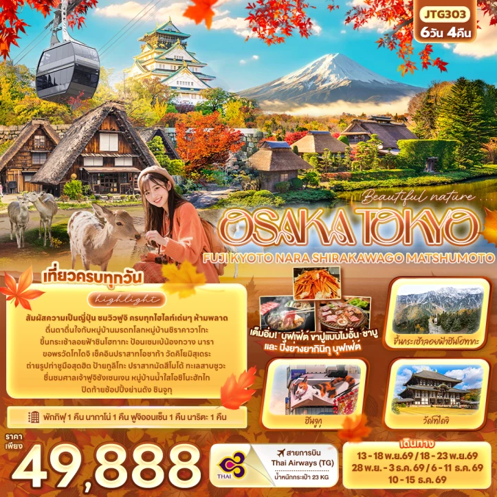 ทัวร์ญี่ปุ่น OSAKA TOKYO FUJI KYOTO NARA SHIRAKAWAGO MATSHUMOTO 6วัน 4คืน