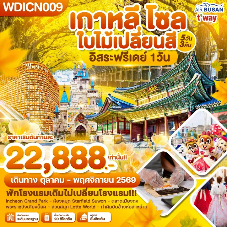 ทัวร์เกาหลีใต้ โซล ใบไม้เปลี่ยนสี (มีอิสระฟรีเดย์ 1วัน) 5วัน 3คืน