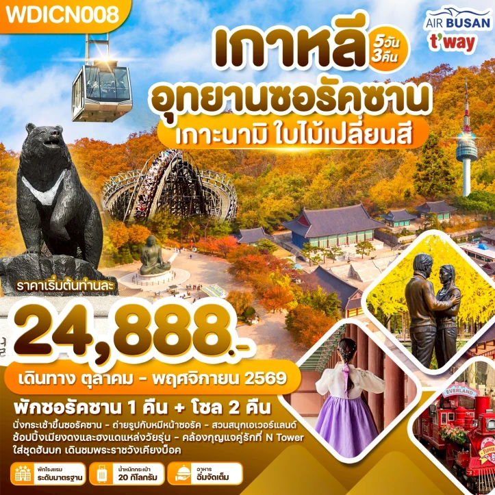 ทัวร์เกาหลีใต้ อุทยานซอรัคซาน เกาะนามิ ใบไม้เปลี่ยนสี 5วัน 3คืน
