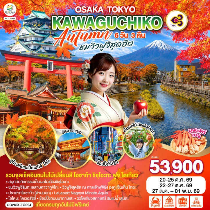 ทัวร์ญี่ปุ่น OSAKA TOKYO KAWAGUCHIKO AUTUMN ชมวิวฟูจิ 6วัน 3คืน