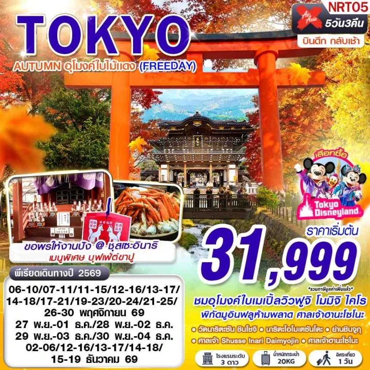 ทัวร์ญี่ปุ่น TOKYO AUTUMN อุโมงค์ใบไม้แดง (มีฟรีเดย์) 5วัน 3คืน