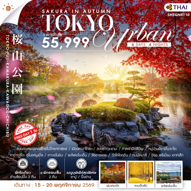 ทัวร์ญี่ปุ่น TOKYO ชมใบไม้เปลี่ยนสีพร้อมชมซากุระ มีฟรีเดย์ 6 วัน 4 คืน