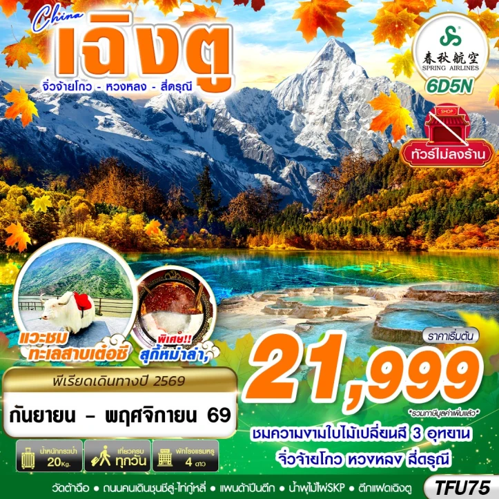 ทัวร์จีน เฉิงตู Autumn สี่ดรุณี หวงหลง จิ่วจ้ายโกว ไม่ลงร้าน 6วัน 5คืน