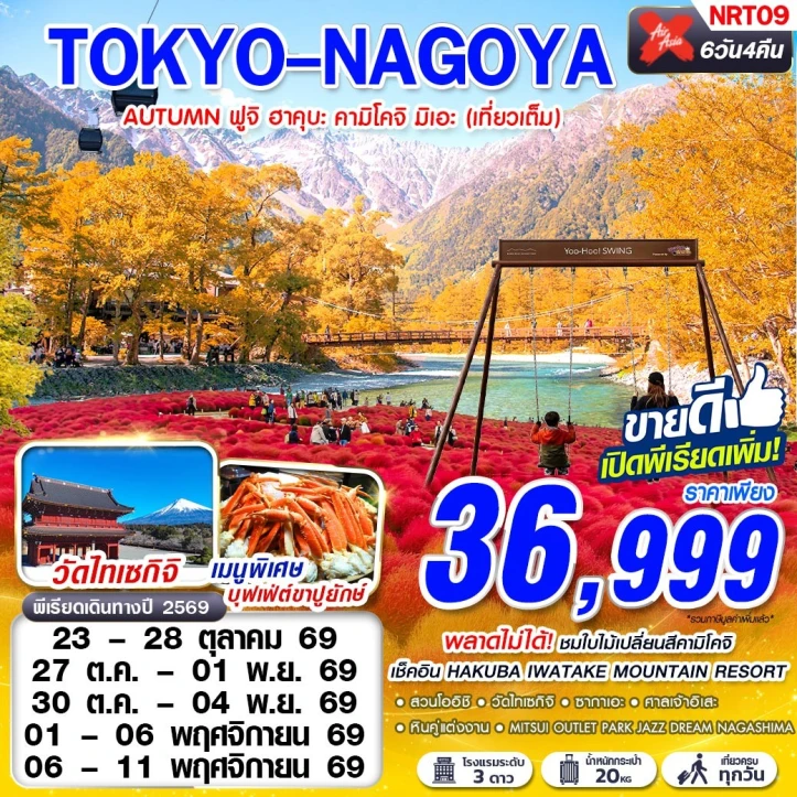 ทัวร์ญี่ปุ่น TOKYO NAGOYA AUTUMN ฟูจิ ฮาคุบะ คามิโคจิ มิเอะ (เที่ยวเต็ม) 6วัน 4คืน